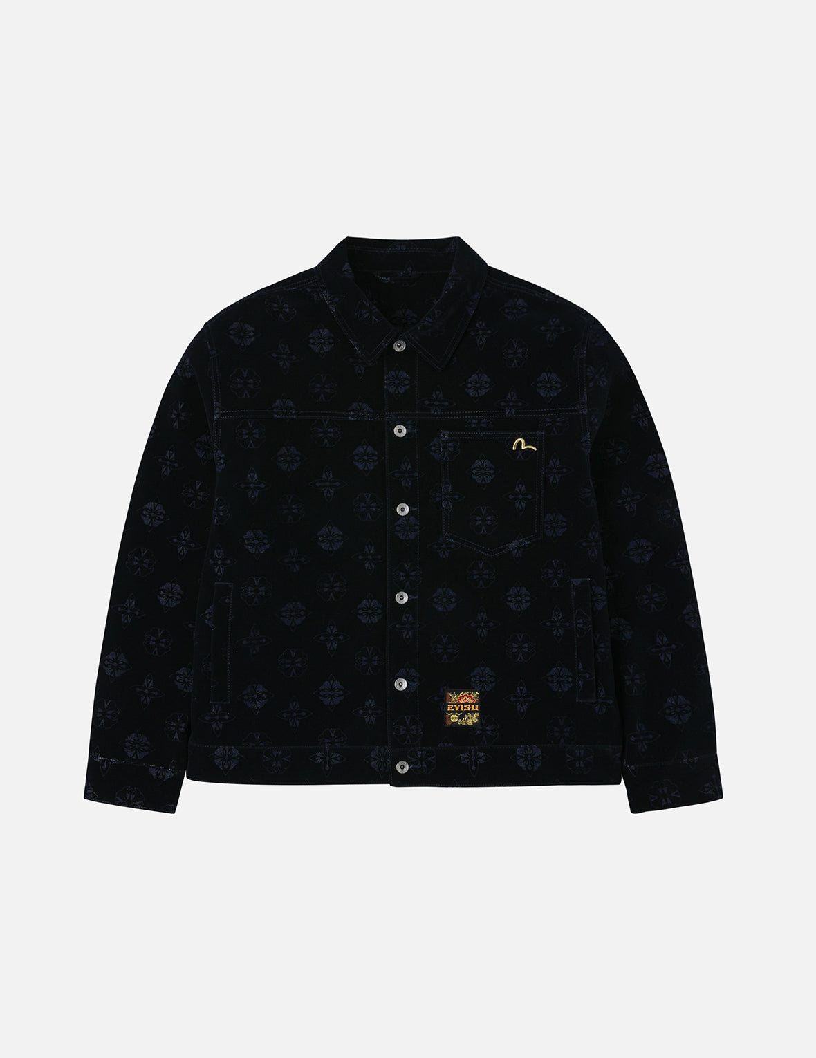 Allover Kamon Flocking Print Relax Fit Denim Jacket
